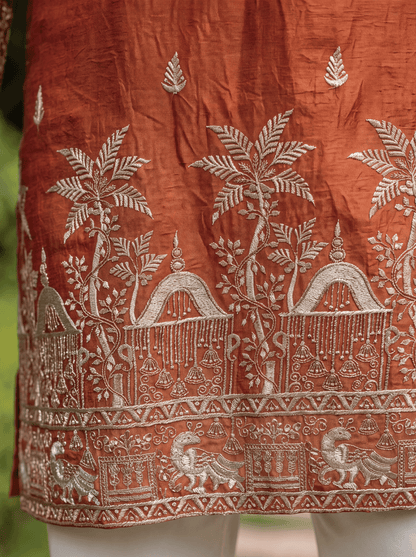 Orange Satin Fancy Short Kurta Set with Zari Embroidery