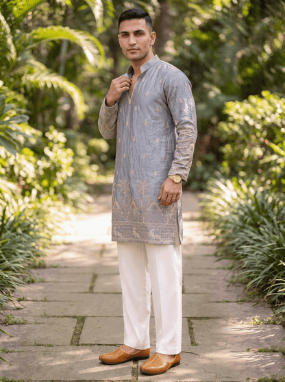 Grey Satin Fancy Short Kurta Set with Zari Embroidery