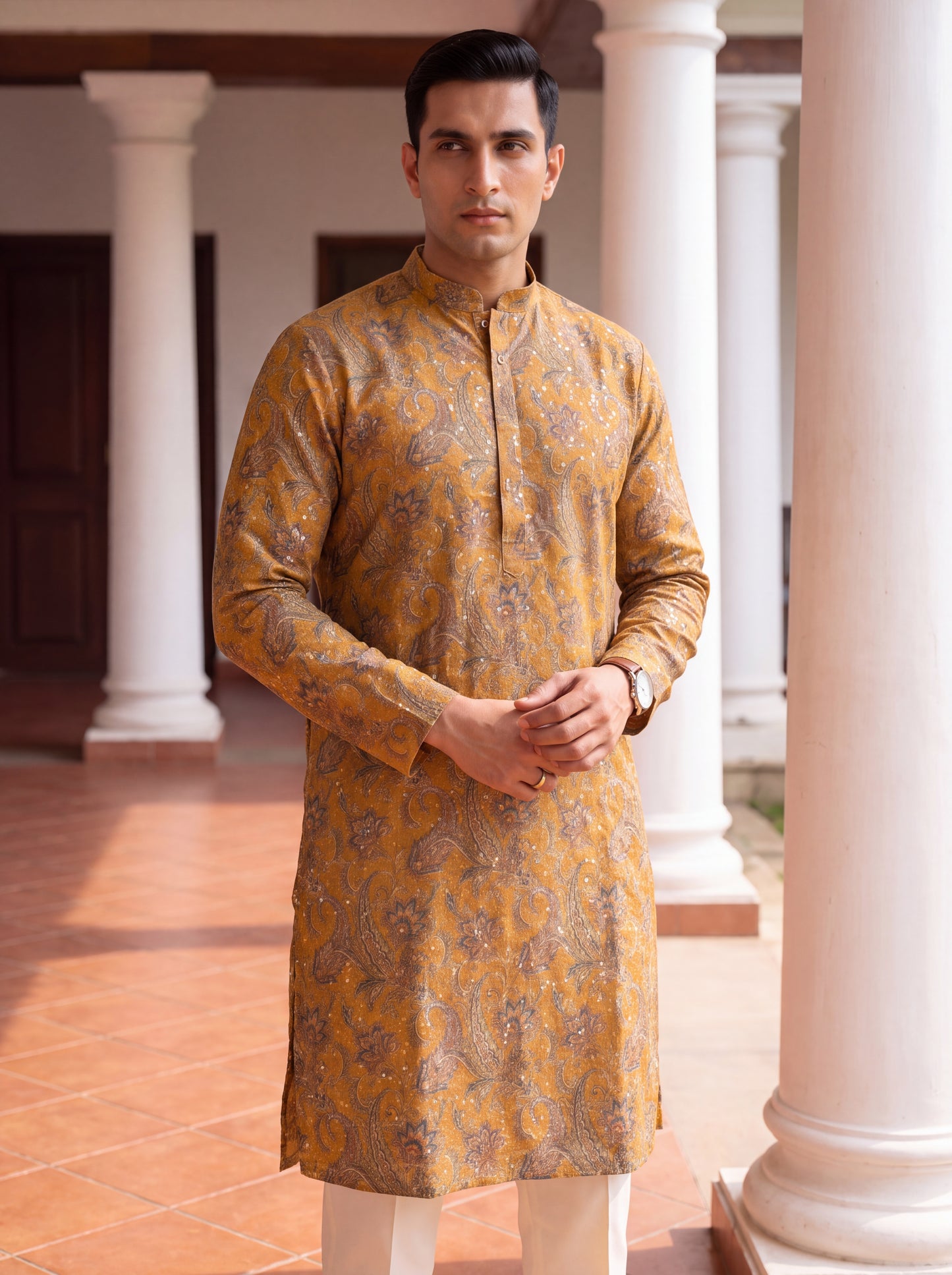 Yellow Silk Straight Cut Long Kurta Set with Sequin Work