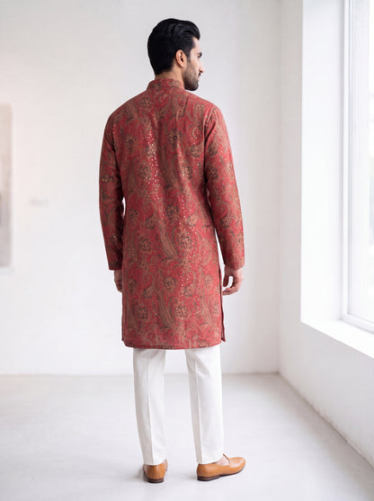 Red Silk Straight Cut Long Kurta Set with Sequin Work