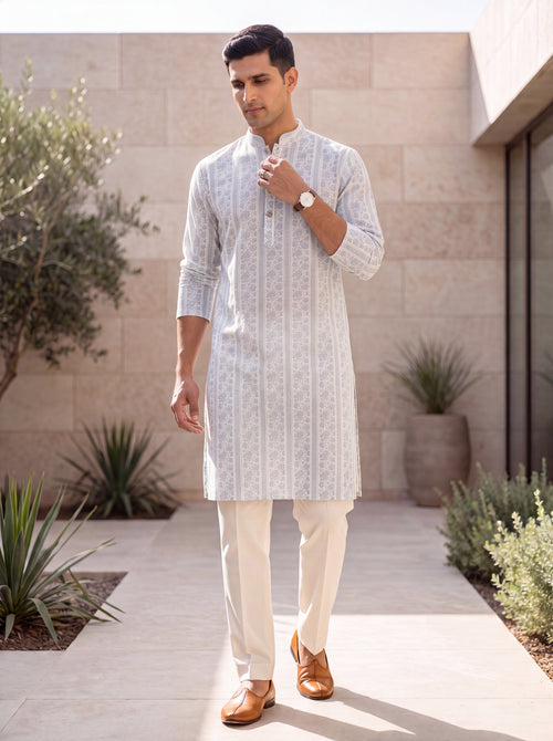 Light Blue Cotton Straight Cut Long Kurta Set with Printed Design