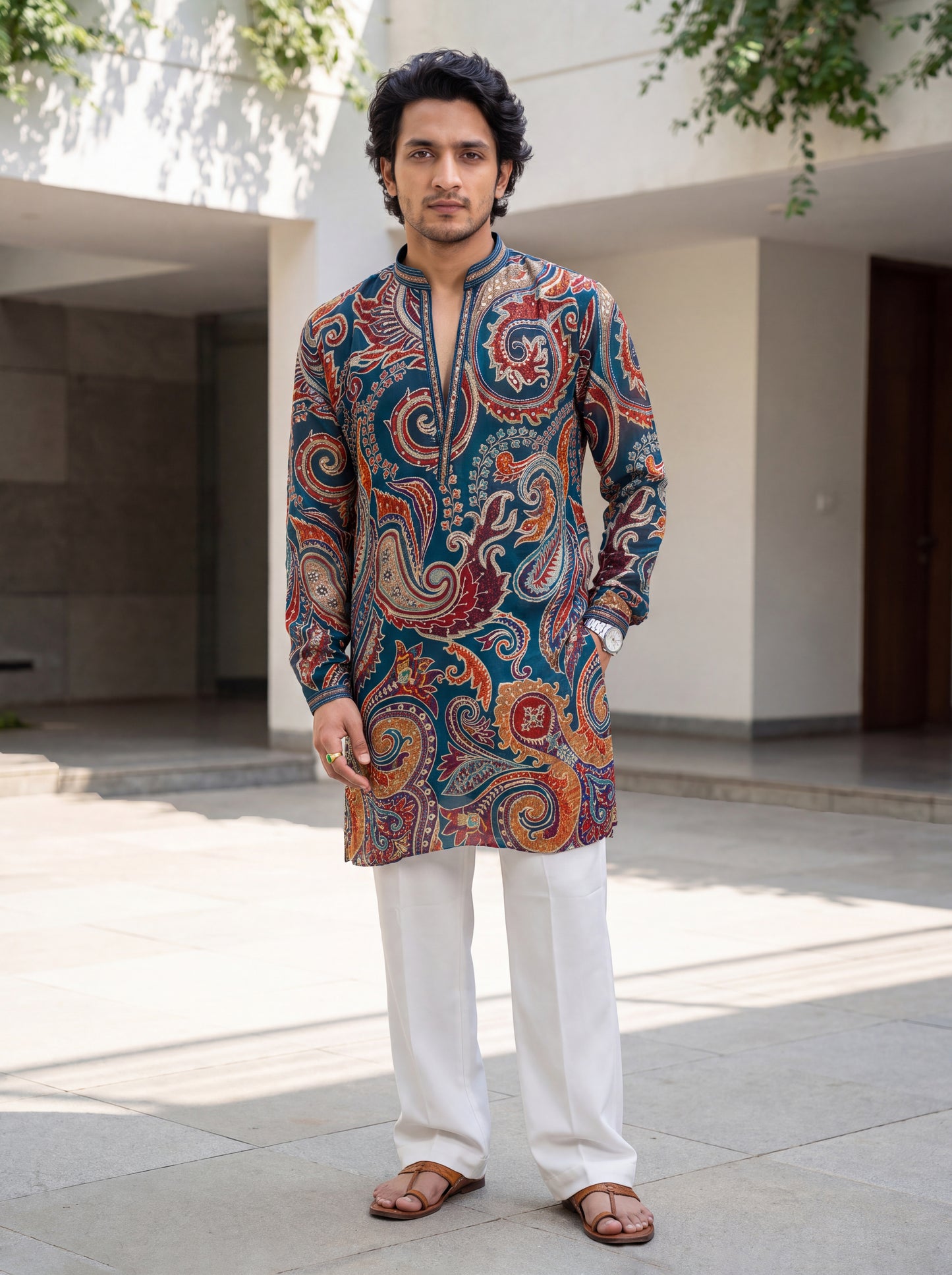 Teal Blue Natural Crepe Short Kurta Set with Jari Embroidery