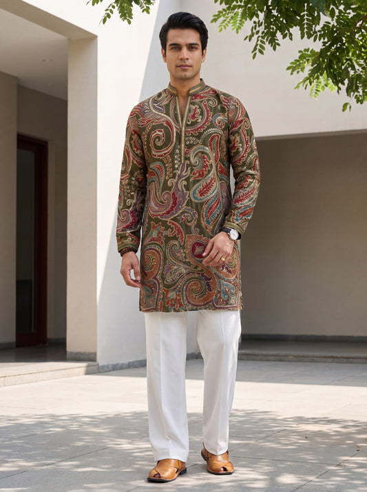 Green Natural Crepe Short Kurta Set with Jari Embroidery