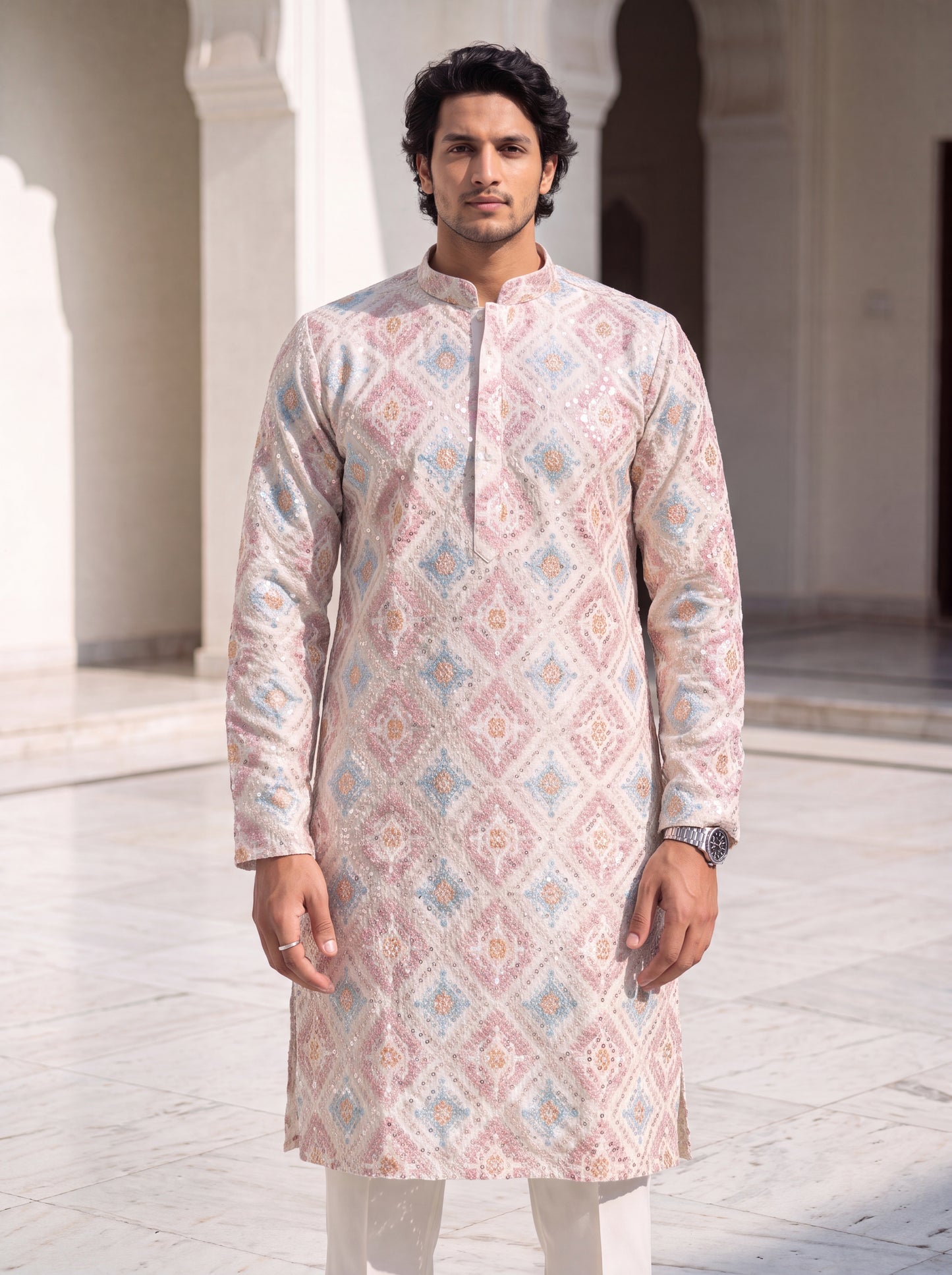 Multicolour Rayon Straight Cut Long Kurta Set with Sequin Work