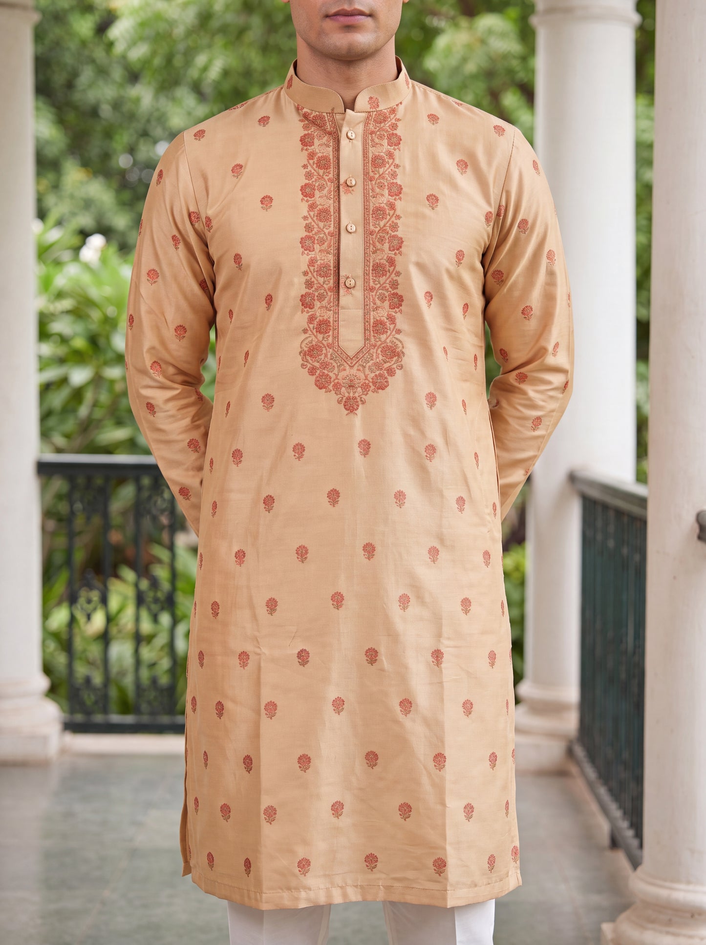 Multicolour Jacquard Straight Cut Long Kurta Set with Zari Work