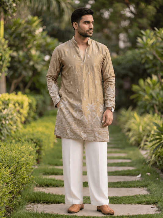 Golden Satin Fancy Short Kurta Set with Zari Embroidery