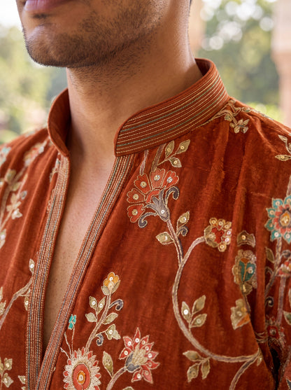 Rust Short Kurta Set with Jari Embroidery