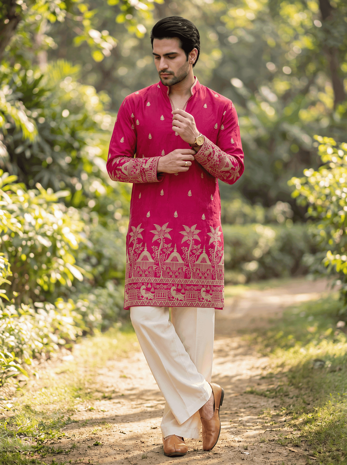Red Pink Satin Fancy Short Kurta Set with Zari Embroidery