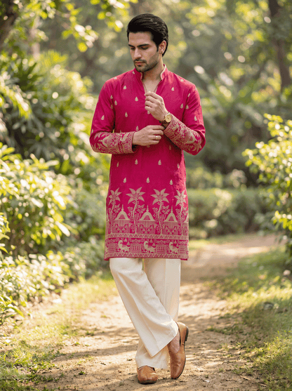 Red Pink Satin Fancy Short Kurta Set with Zari Embroidery