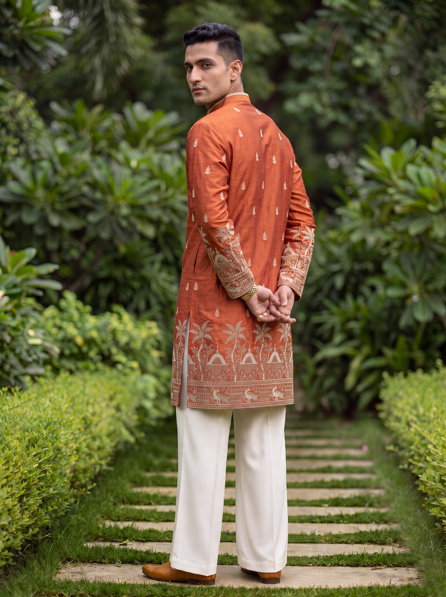 Orange Satin Fancy Short Kurta Set with Zari Embroidery