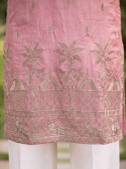 Light Pink Satin Fancy Short Kurta Set with Zari Embroidery