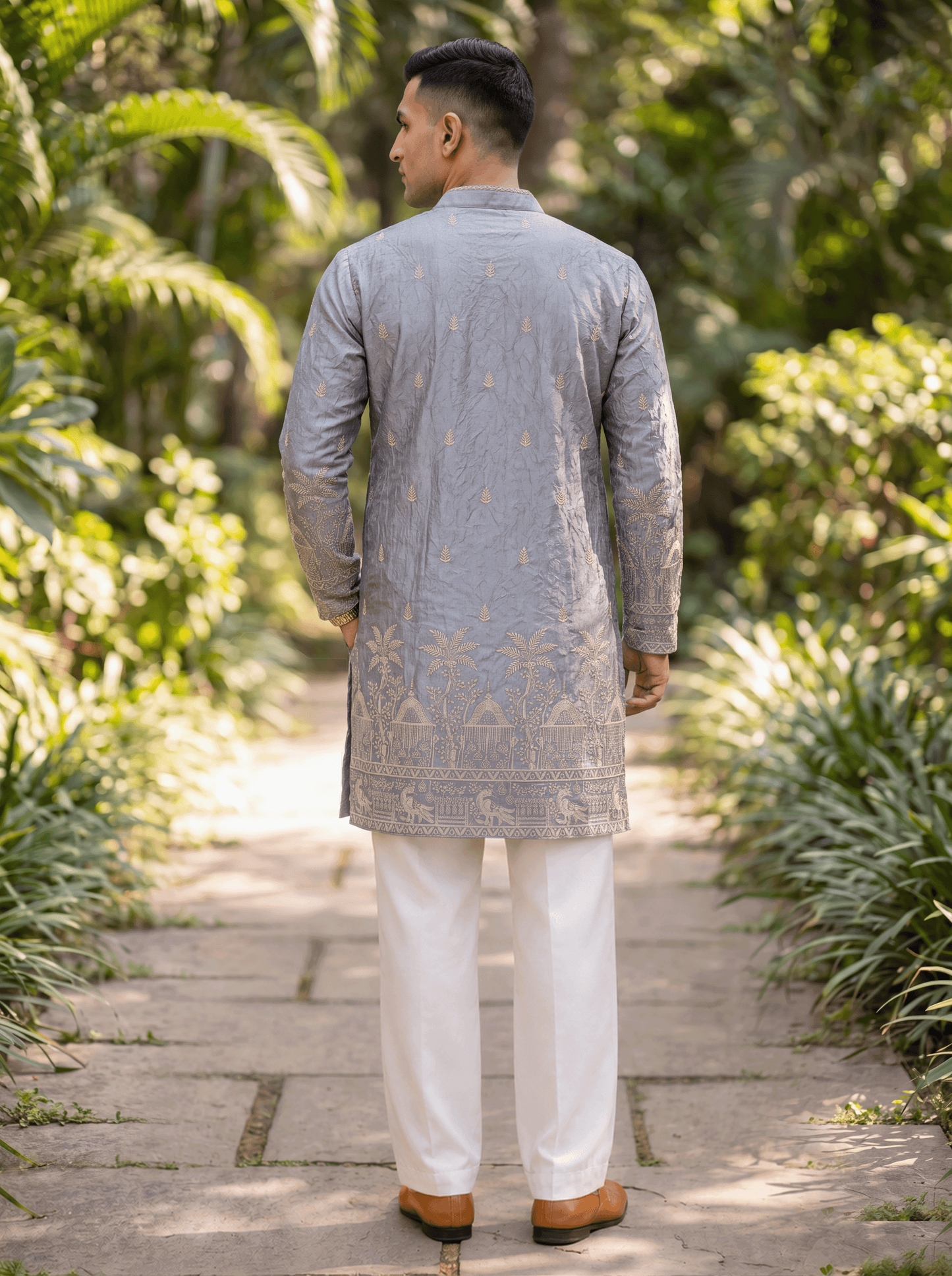 Grey Satin Fancy Short Kurta Set with Zari Embroidery