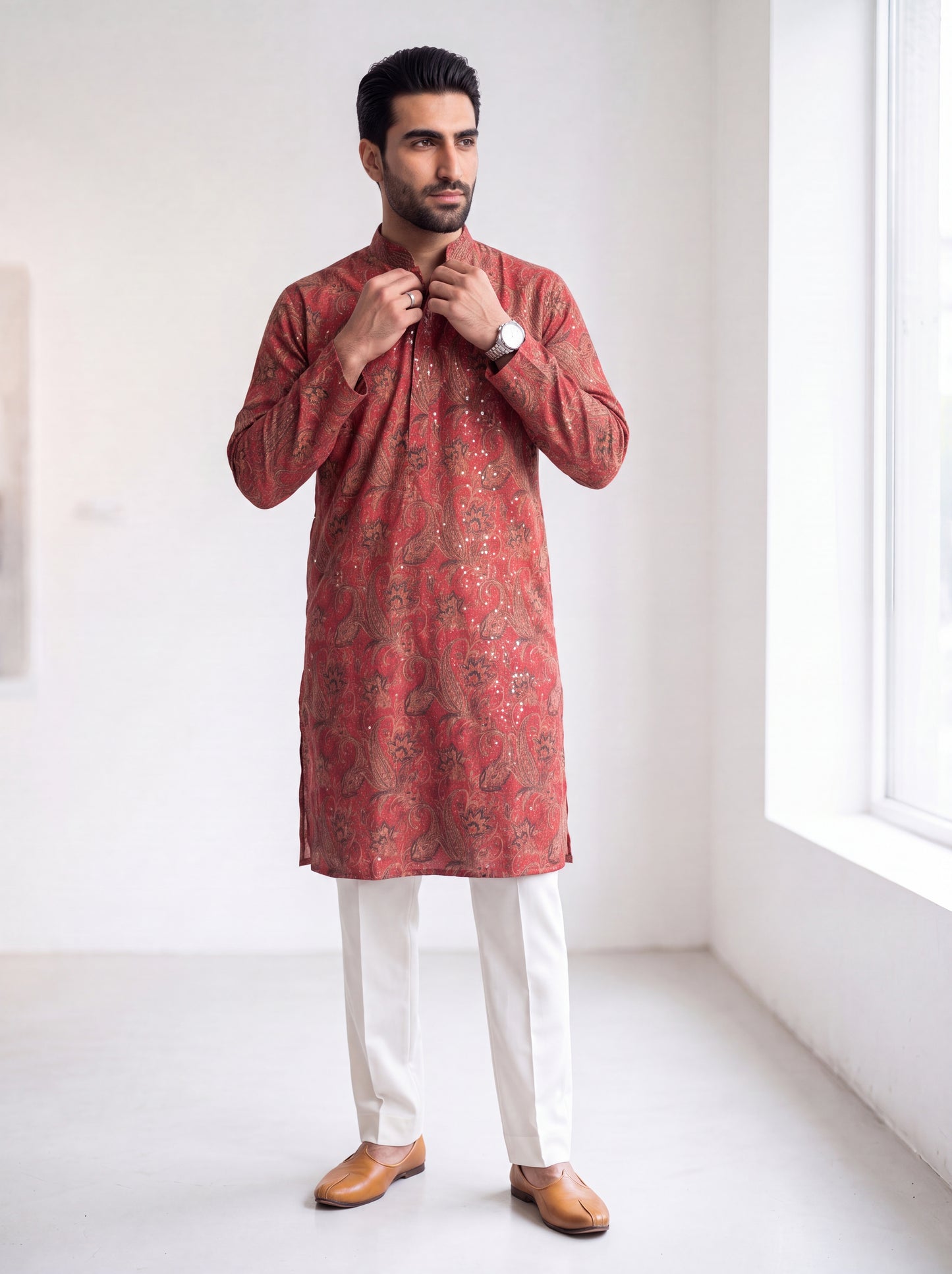 Red Silk Straight Cut Long Kurta Set with Sequin Work