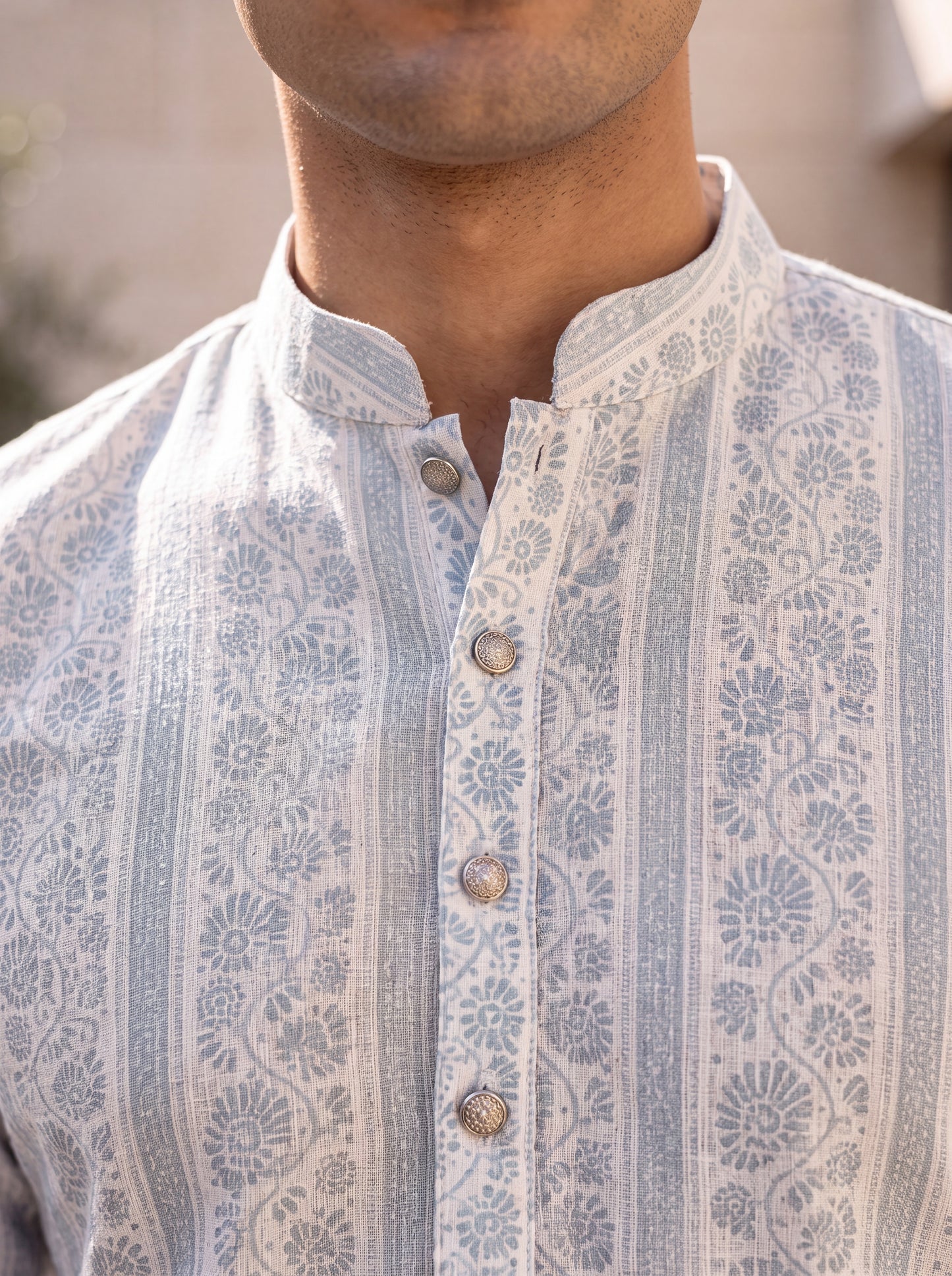 Light Blue Cotton Straight Cut Long Kurta Set with Printed Design