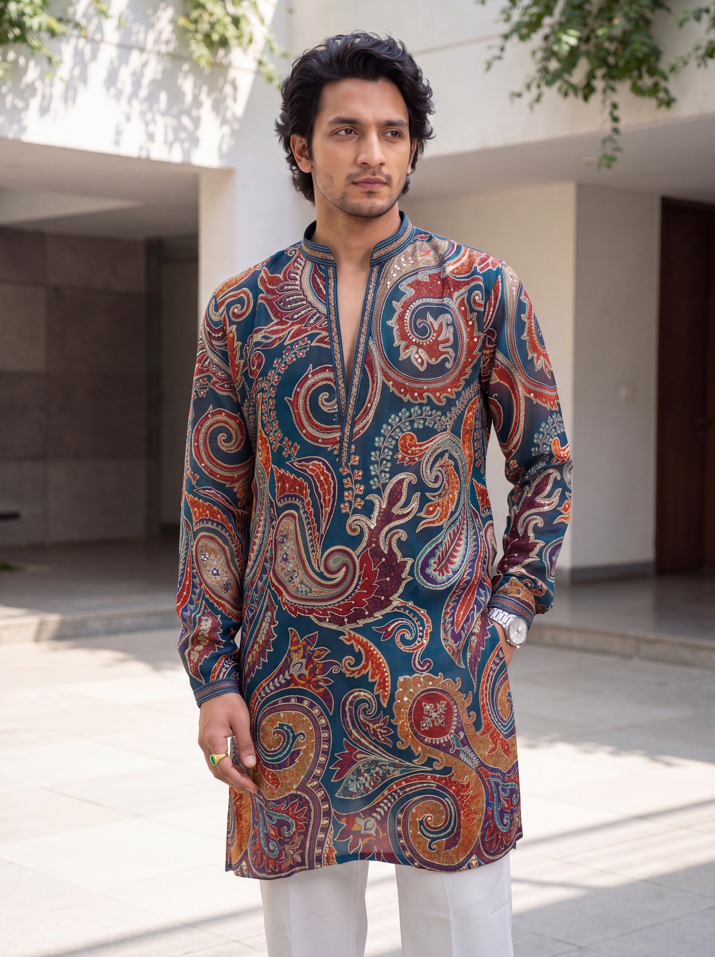 Teal Blue Natural Crepe Short Kurta Set with Jari Embroidery