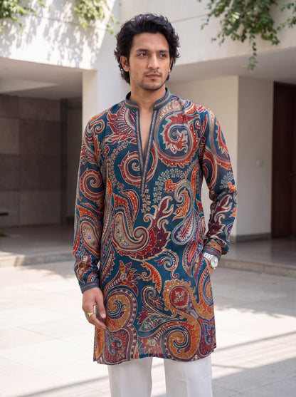 Teal Blue Natural Crepe Short Kurta Set with Jari Embroidery