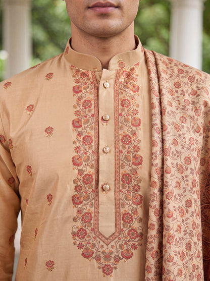 Multicolour Jacquard Straight Cut Long Kurta Set with Zari Work