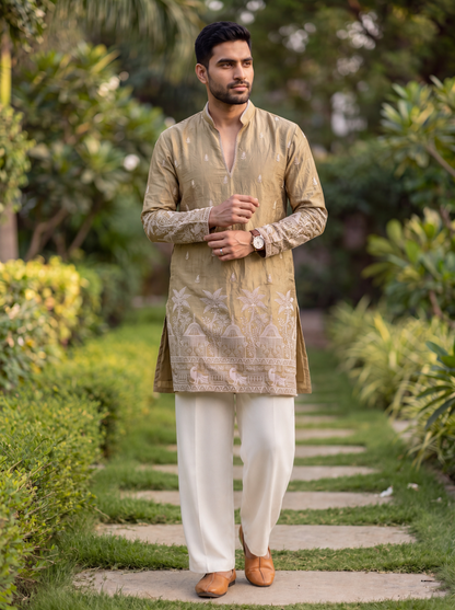 Golden Satin Fancy Short Kurta Set with Zari Embroidery