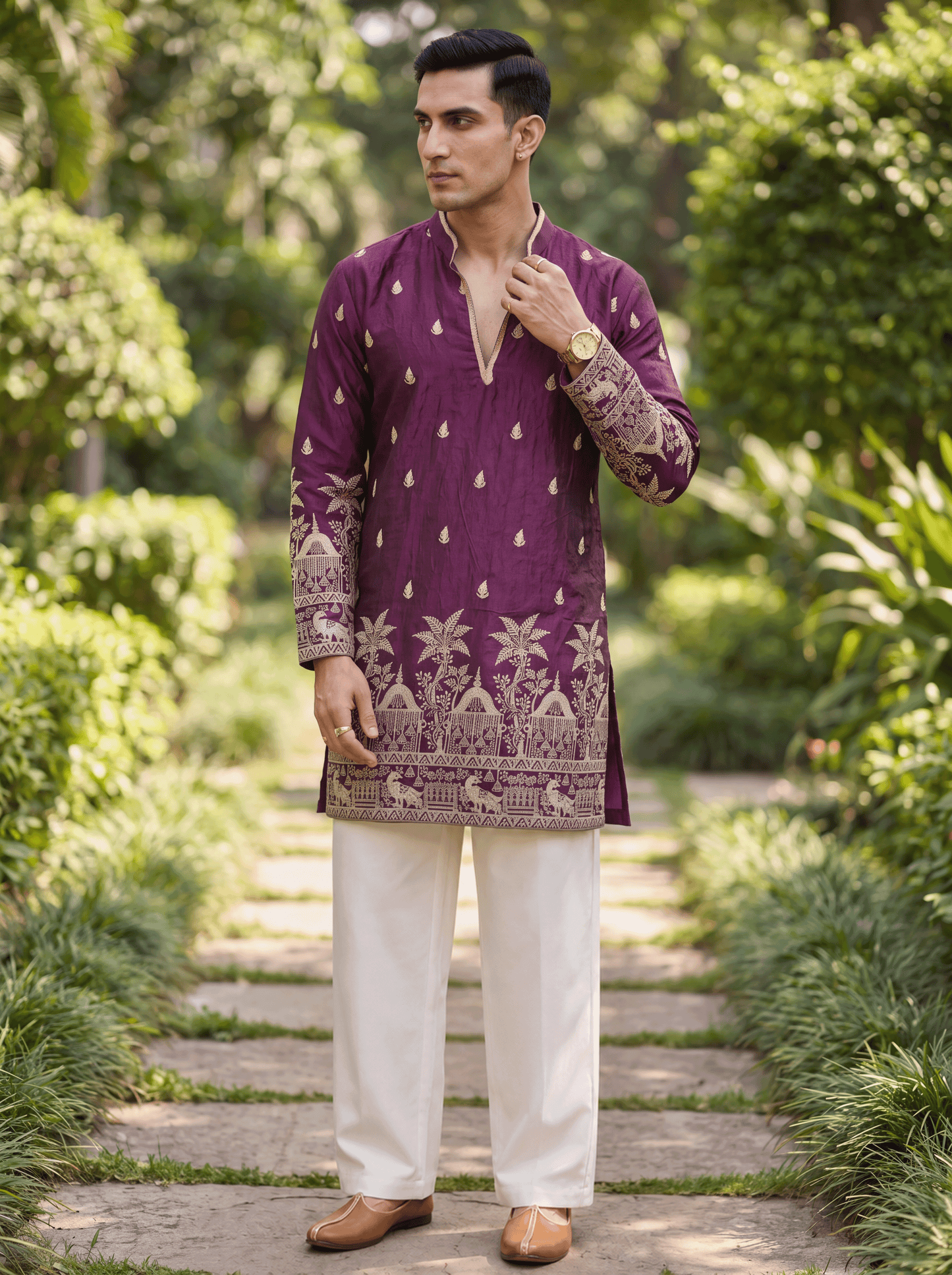 Wine Satin Fancy Short Kurta Set with Zari Embroidery
