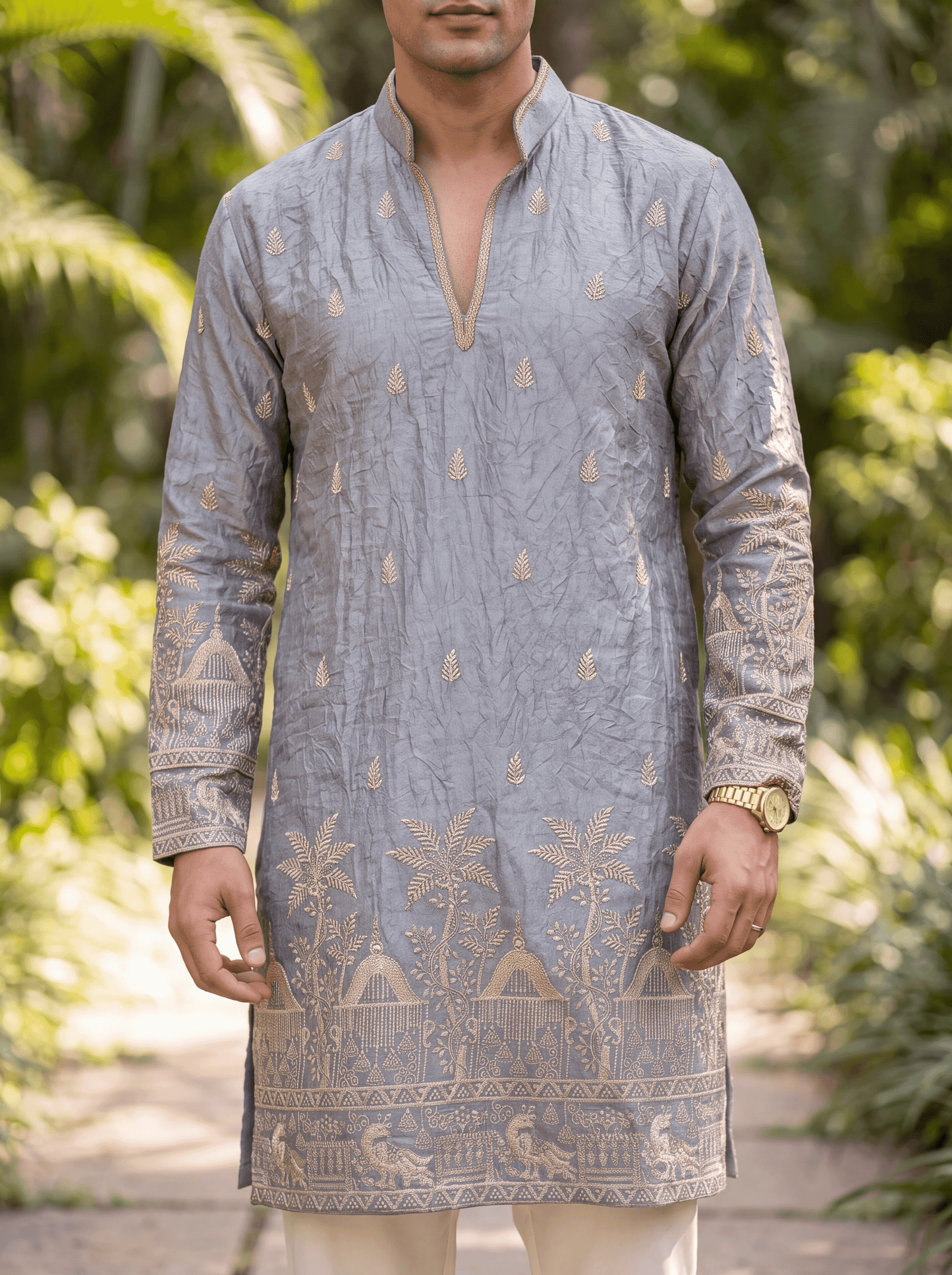 Grey Satin Fancy Short Kurta Set with Zari Embroidery