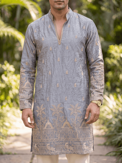 Grey Satin Fancy Short Kurta Set with Zari Embroidery