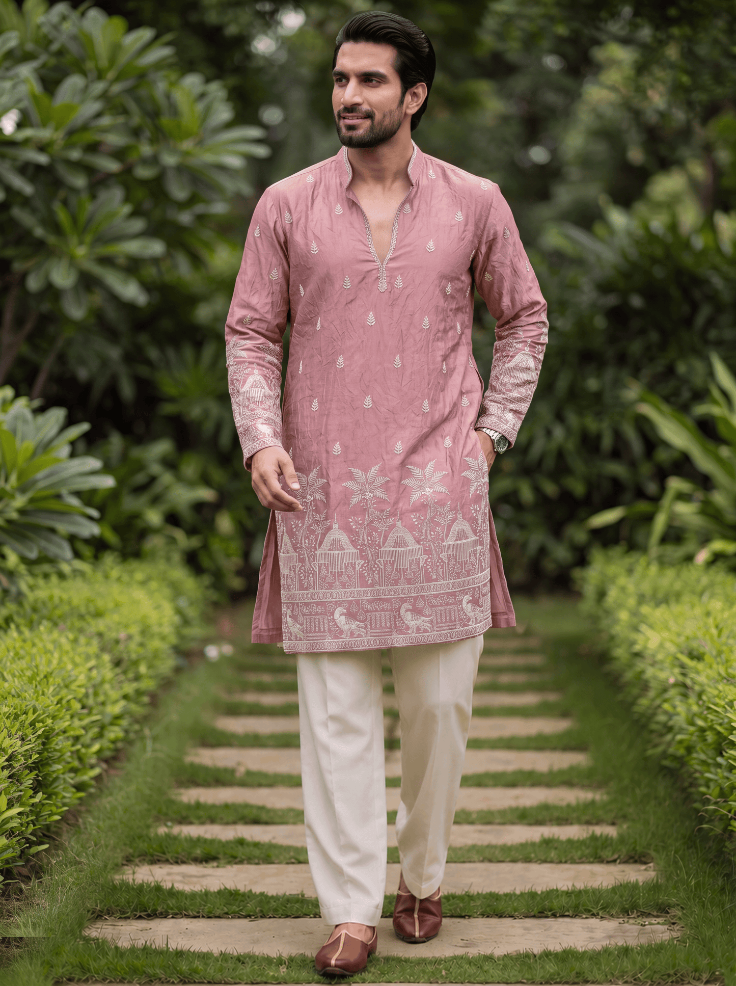 Onion Pink Satin Fancy Short Kurta Set with Zari Embroidery