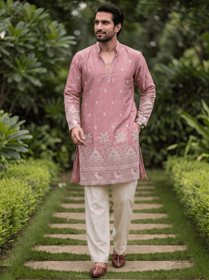 Onion Pink Satin Fancy Short Kurta Set with Zari Embroidery