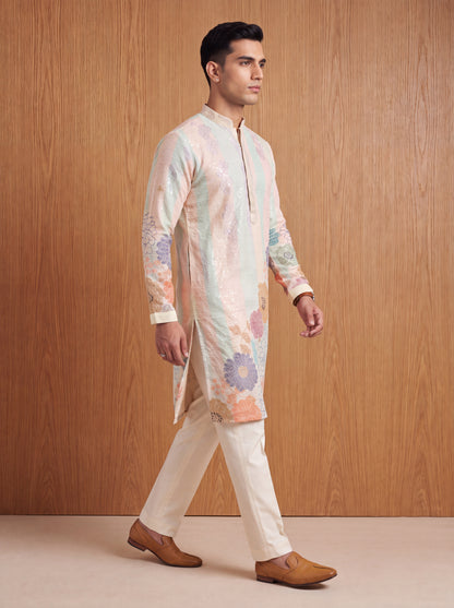 Multicolour Rayon Straight Cut Long Kurta Set with Sequin Work