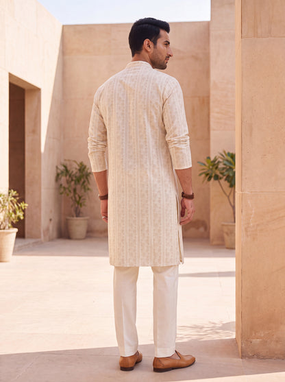 Off White Cotton Straight Cut Long Kurta Set with Printed Design