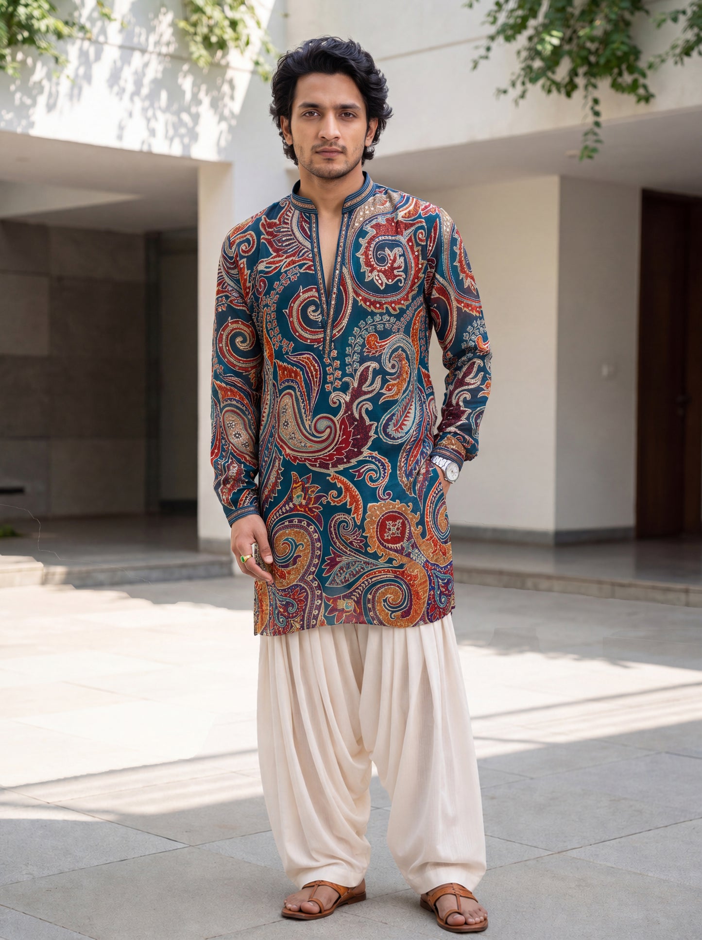 Teal Blue Natural Crepe Short Kurta Set with Jari Embroidery