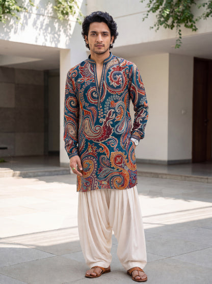 Teal Blue Natural Crepe Short Kurta Set with Jari Embroidery