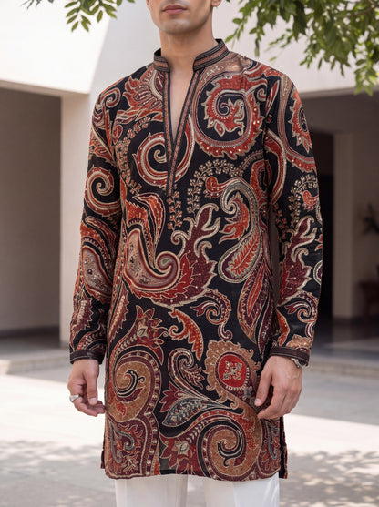 Black Natural Crepe Short Kurta Set with Jari Embroidery
