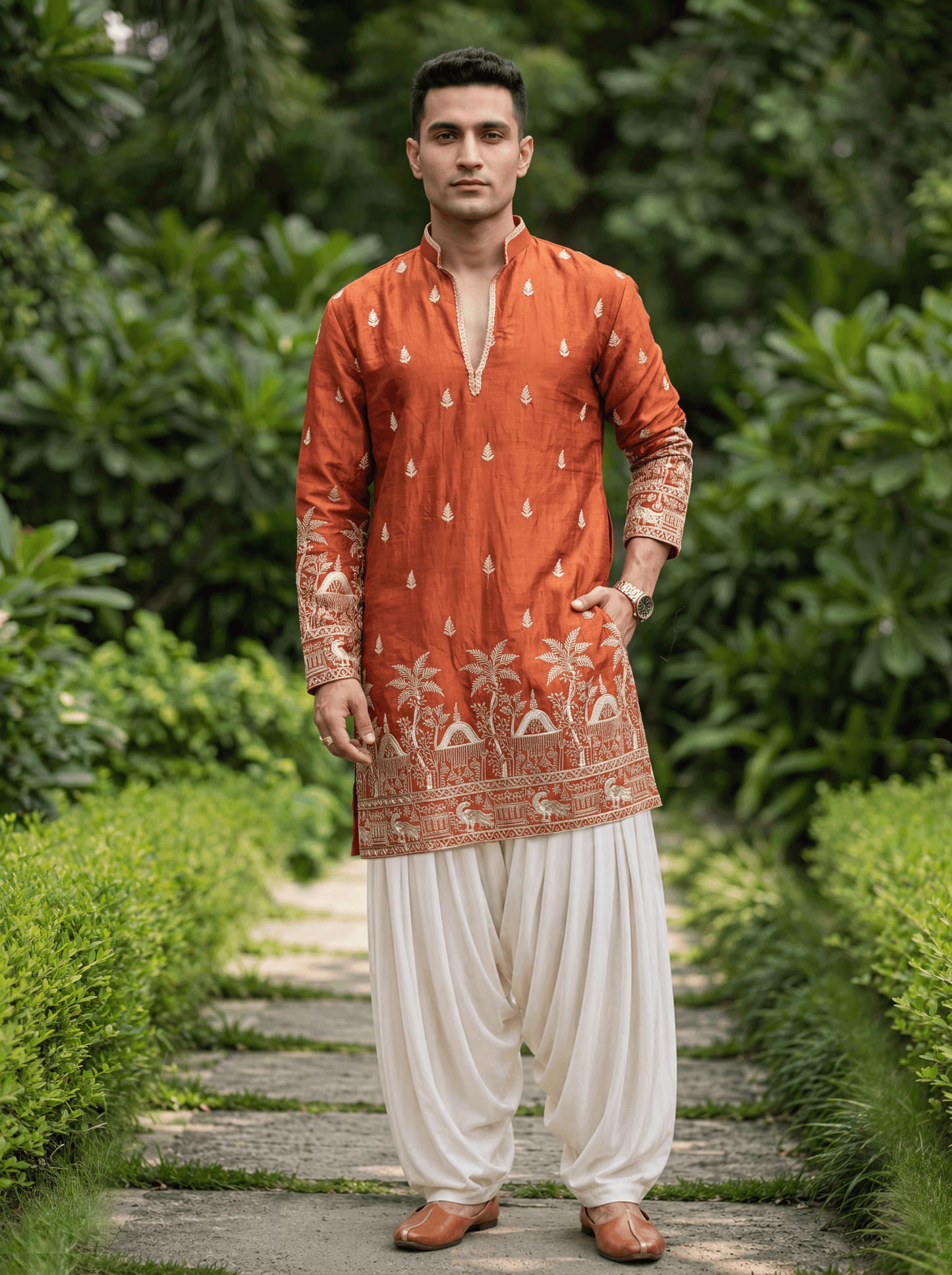 Orange Satin Fancy Short Kurta Set with Zari Embroidery