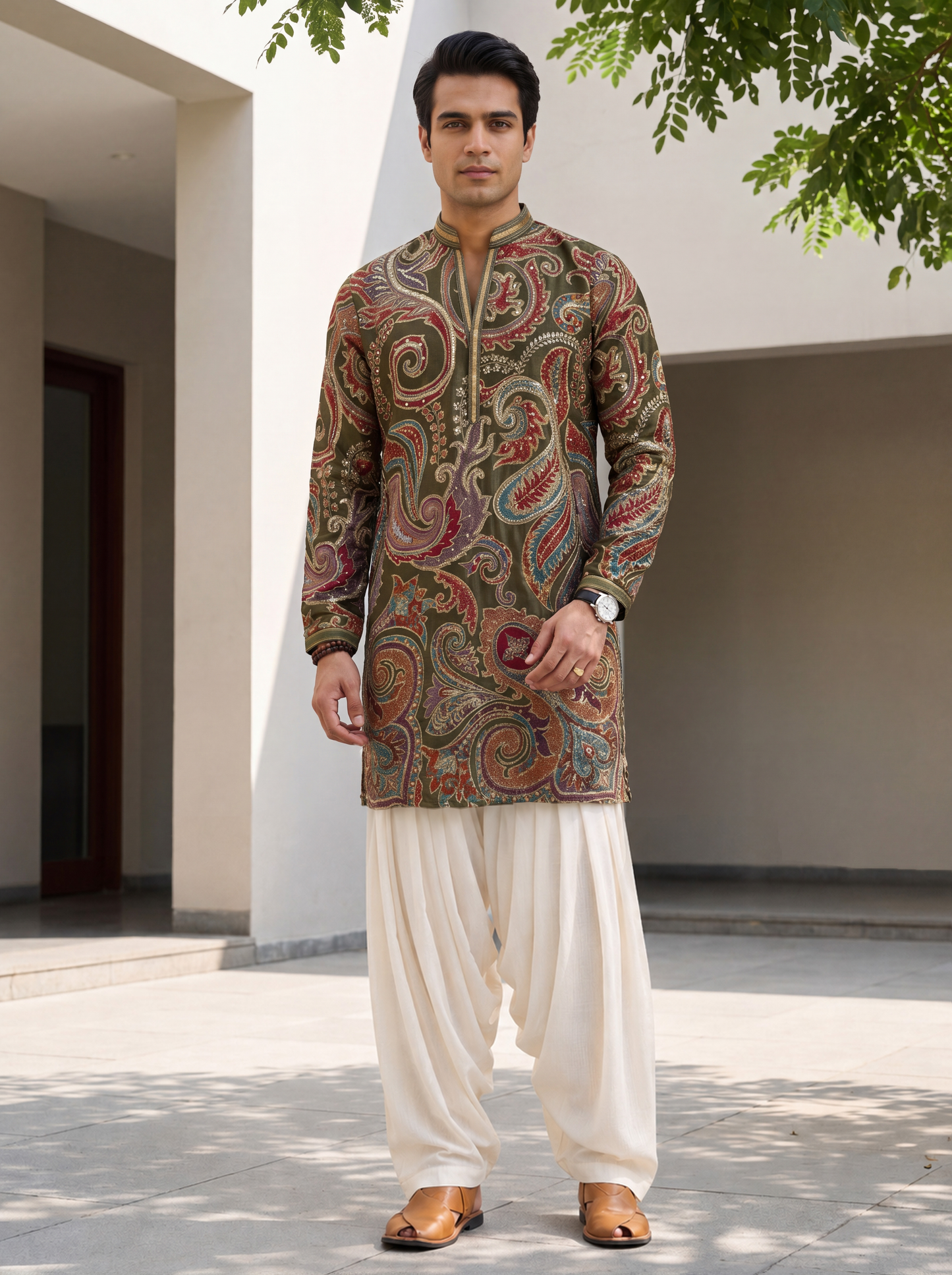 Green Natural Crepe Short Kurta Set with Jari Embroidery