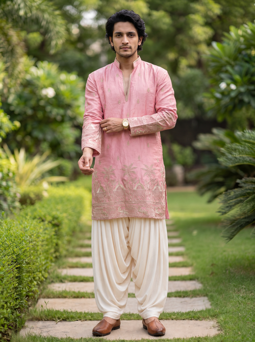 Light Pink Satin Fancy Short Kurta Set with Zari Embroidery