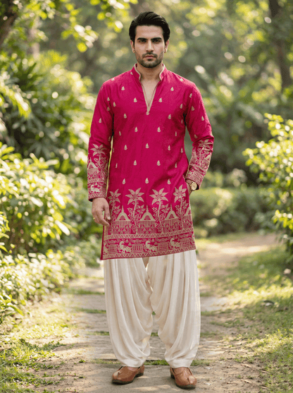 Red Pink Satin Fancy Short Kurta Set with Zari Embroidery