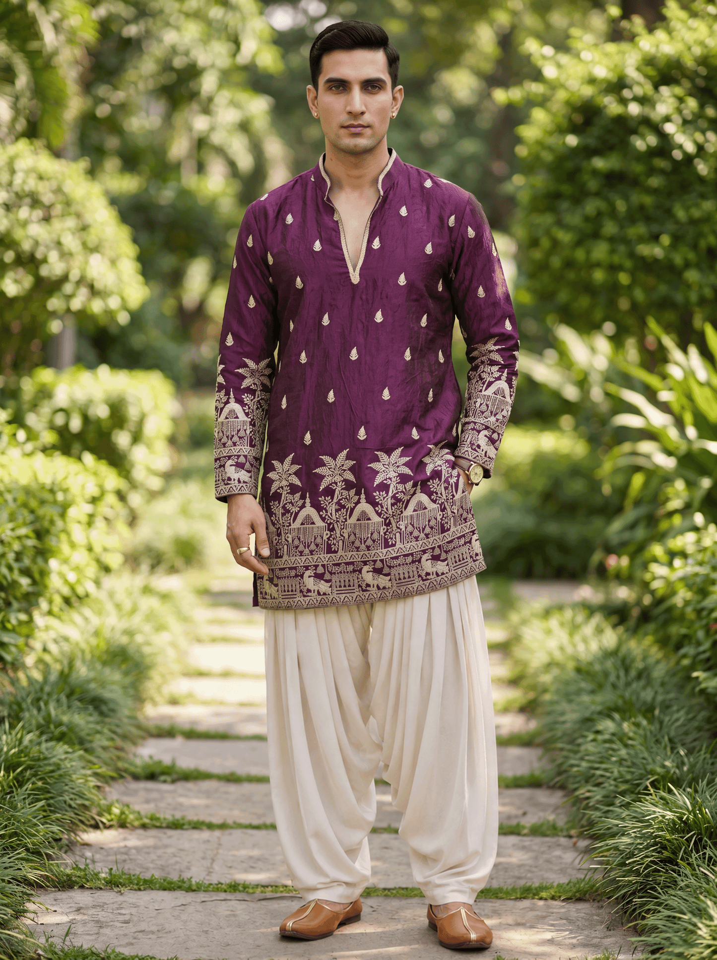 Wine Satin Fancy Short Kurta Set with Zari Embroidery