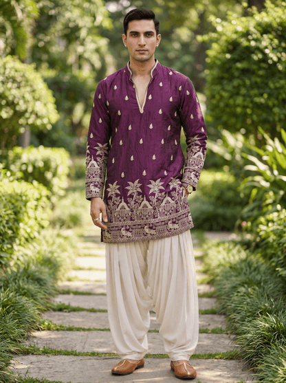 Wine Satin Fancy Short Kurta Set with Zari Embroidery