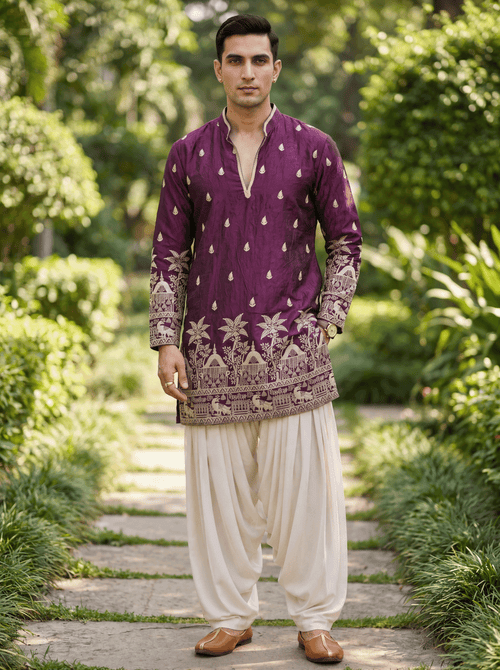Wine Satin Fancy Short Kurta Set with Zari Embroidery