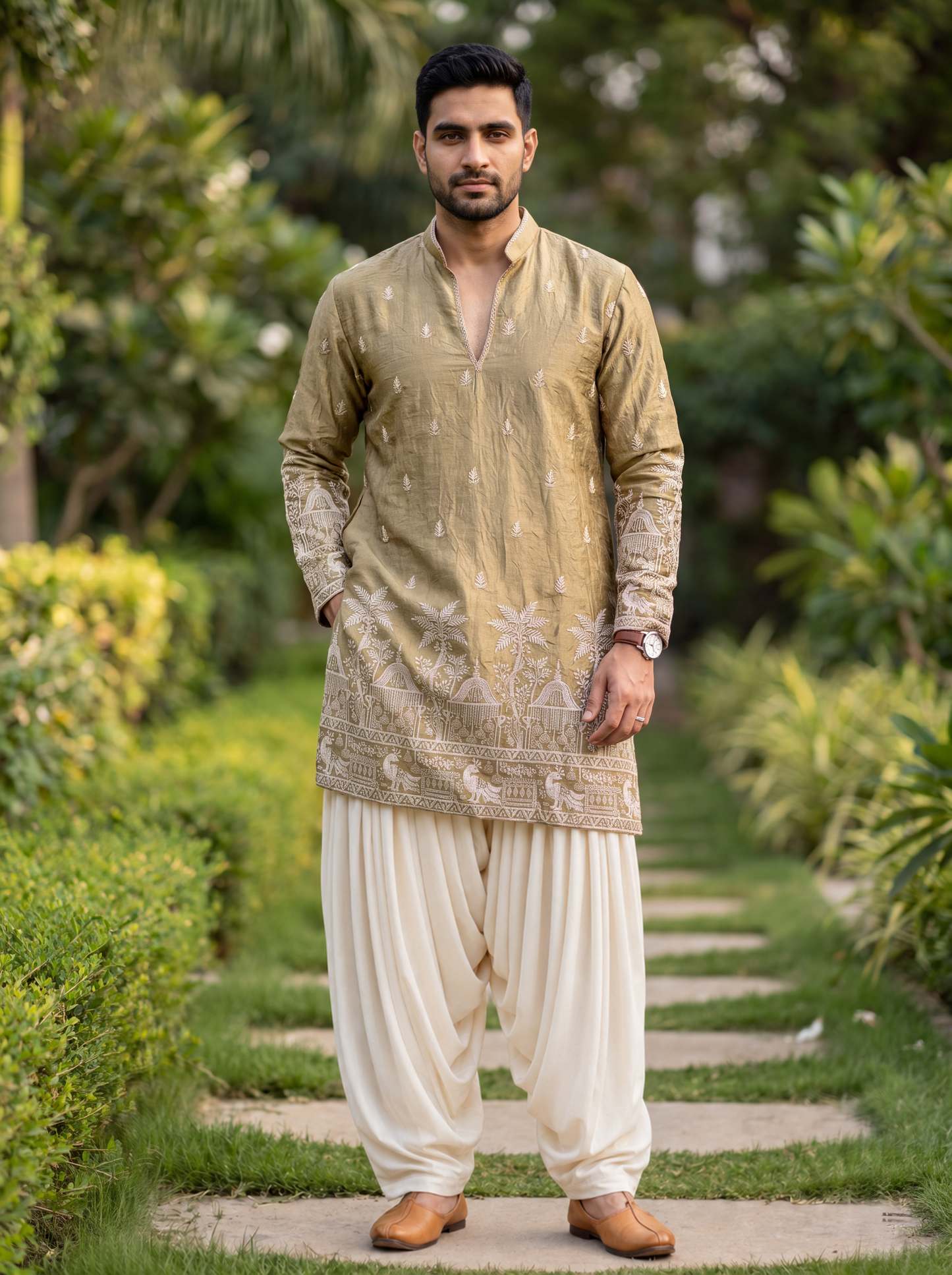 Golden Satin Fancy Short Kurta Set with Zari Embroidery