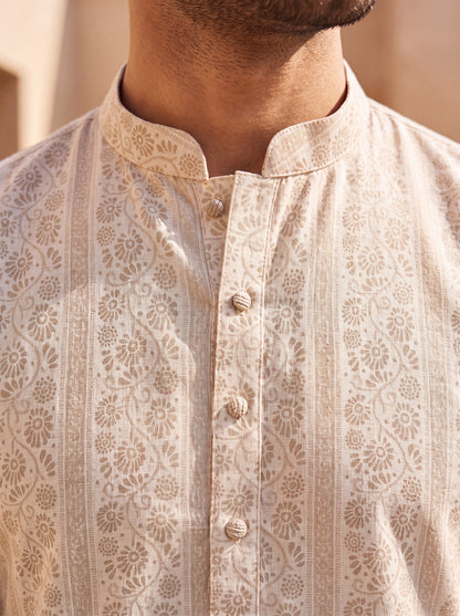 Off White Cotton Straight Cut Long Kurta Set with Printed Design