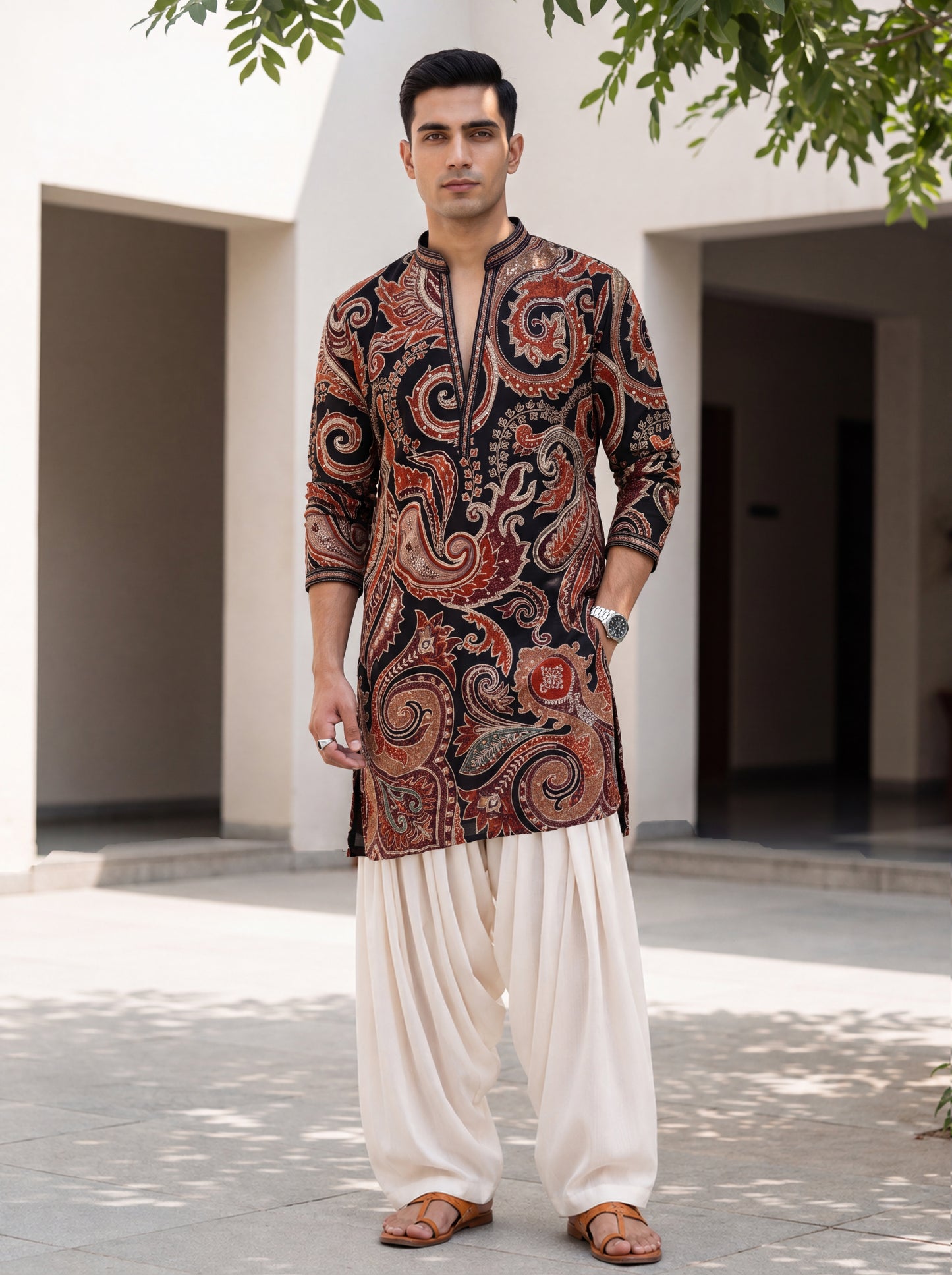 Black Natural Crepe Short Kurta Set with Jari Embroidery