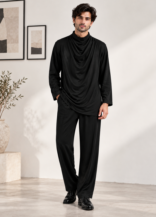 Black Poly Cord Set with Cowl Neck
