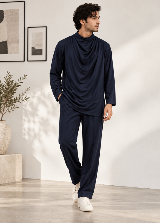 Navy Blue Poly Cord Set with Cowl Neck