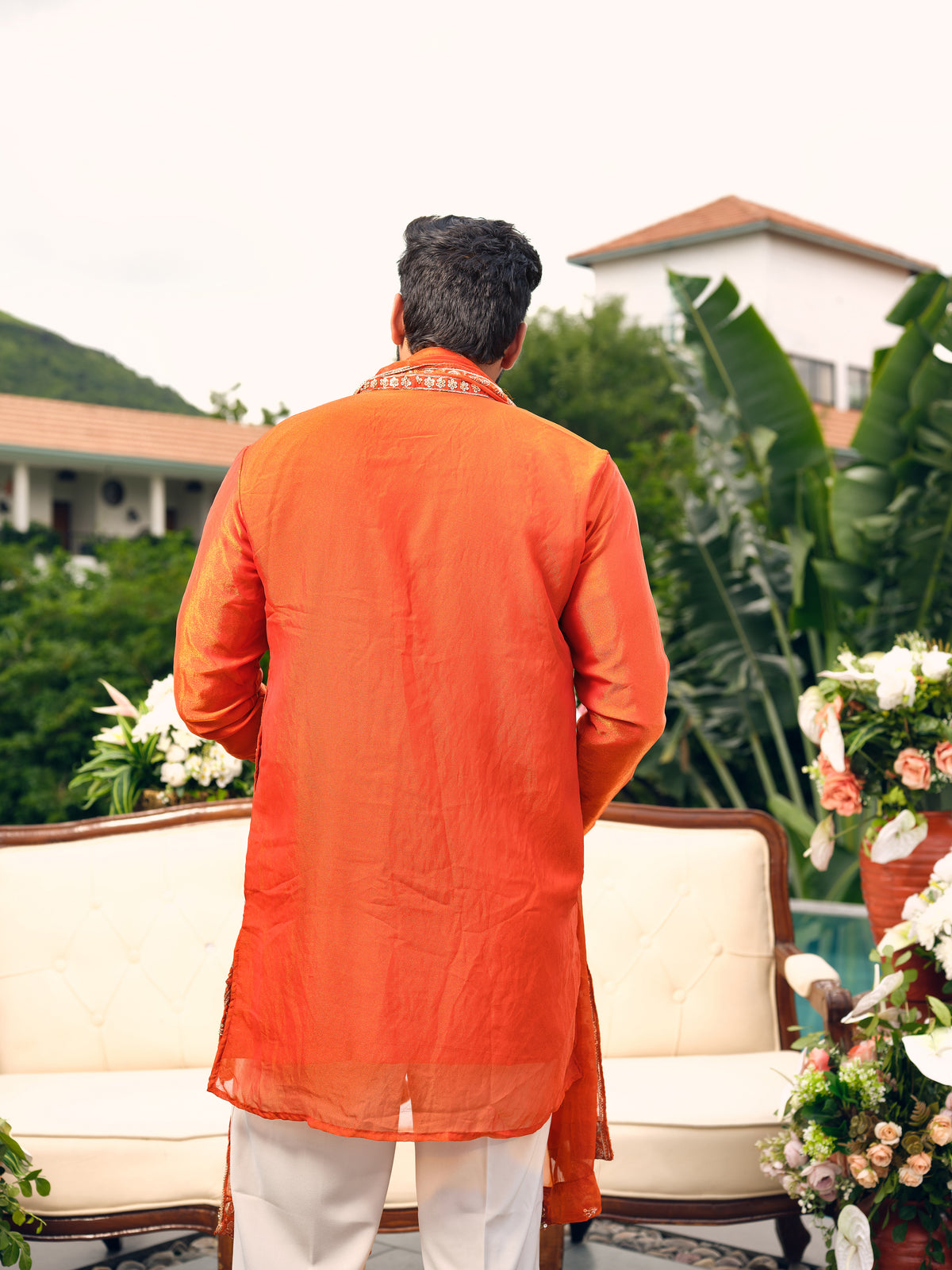 Orange Shimmer Organza Kurta with Dupatta Set with Zari Embroidery and Mirror Work