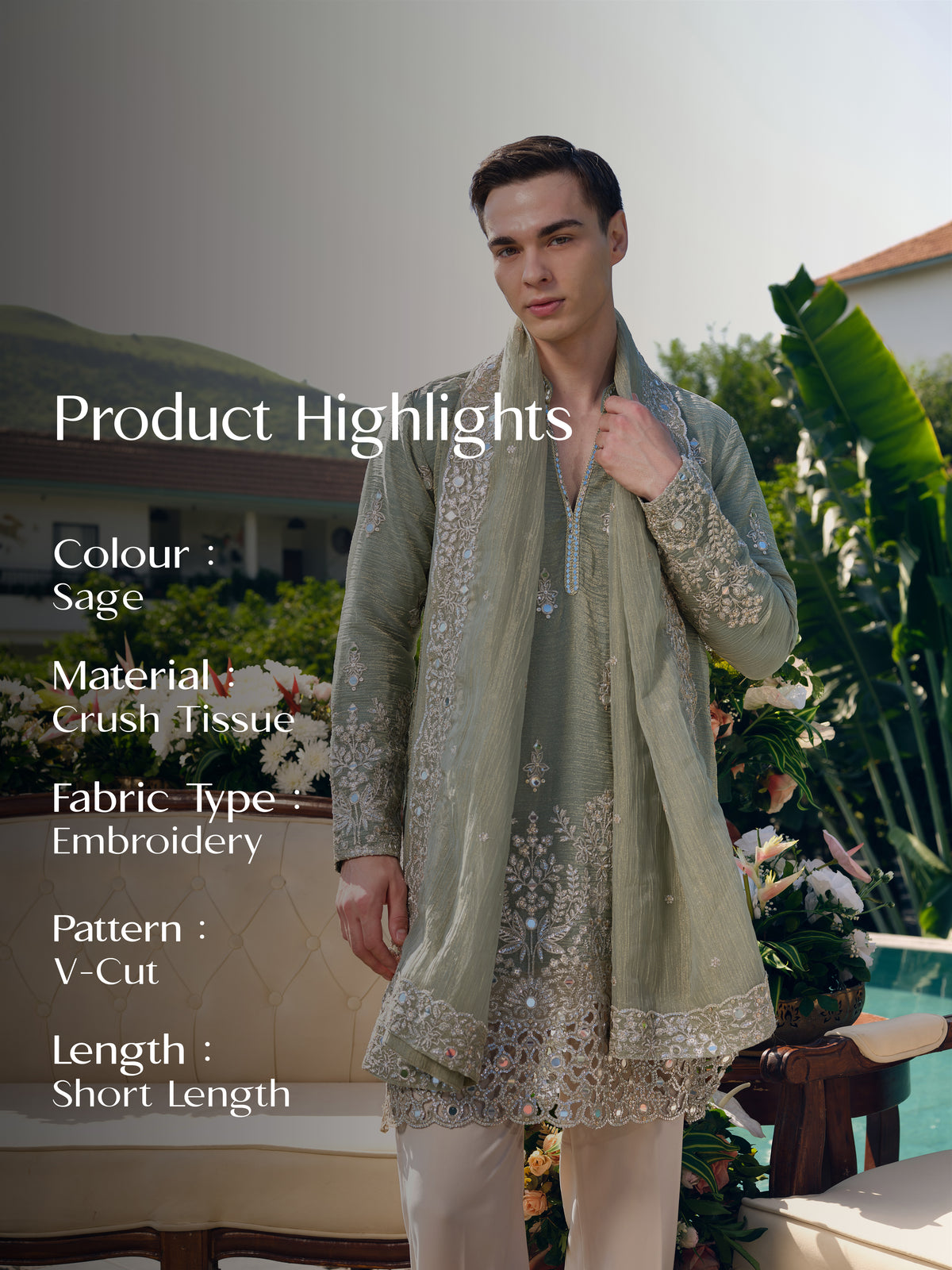 Sage Crushed Tissue Kurta with Dupatta Set with Zari Embroidery, Mirror and Cut Work