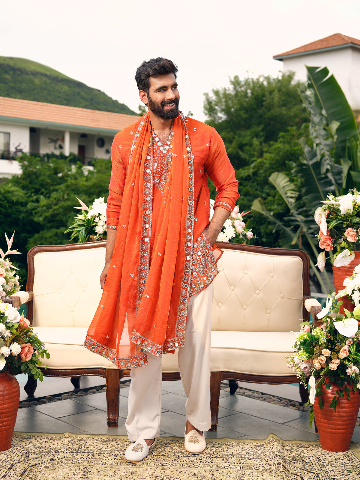 Orange Shimmer Organza Kurta with Dupatta Set with Zari Embroidery and Mirror Work