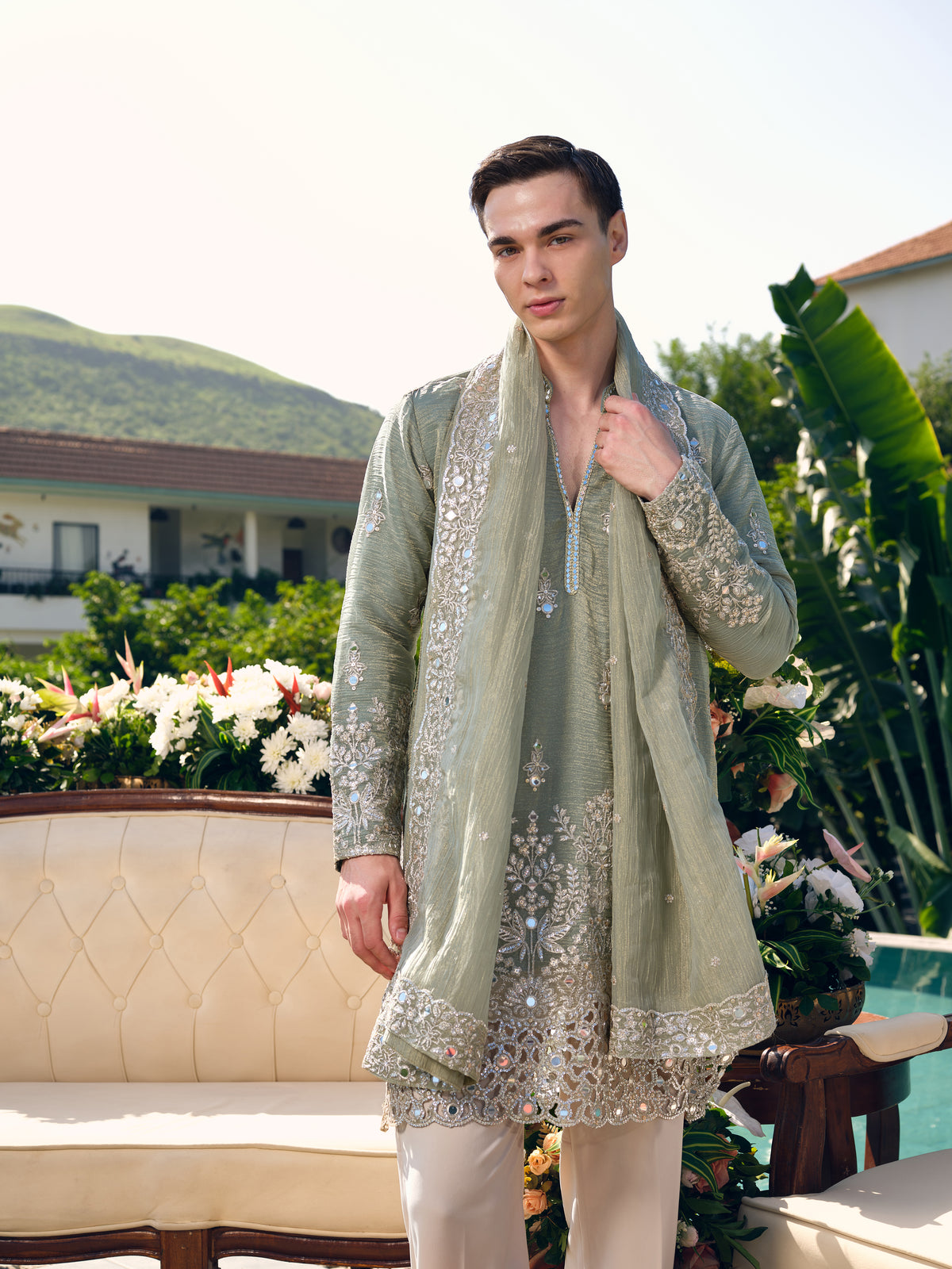 Sage Crushed Tissue Kurta with Dupatta Set with Zari Embroidery, Mirror and Cut Work