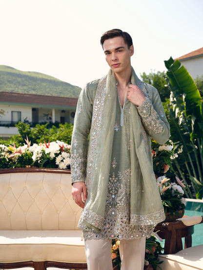 Sage Crushed Tissue Kurta with Dupatta Set with Zari Embroidery, Mirror and Cut Work