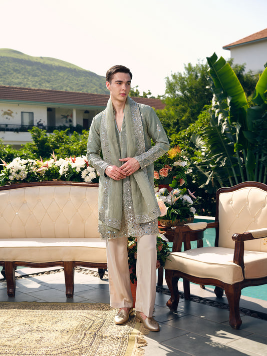 Sage Crushed Tissue Kurta with Dupatta Set with Zari Embroidery, Mirror and Cut Work